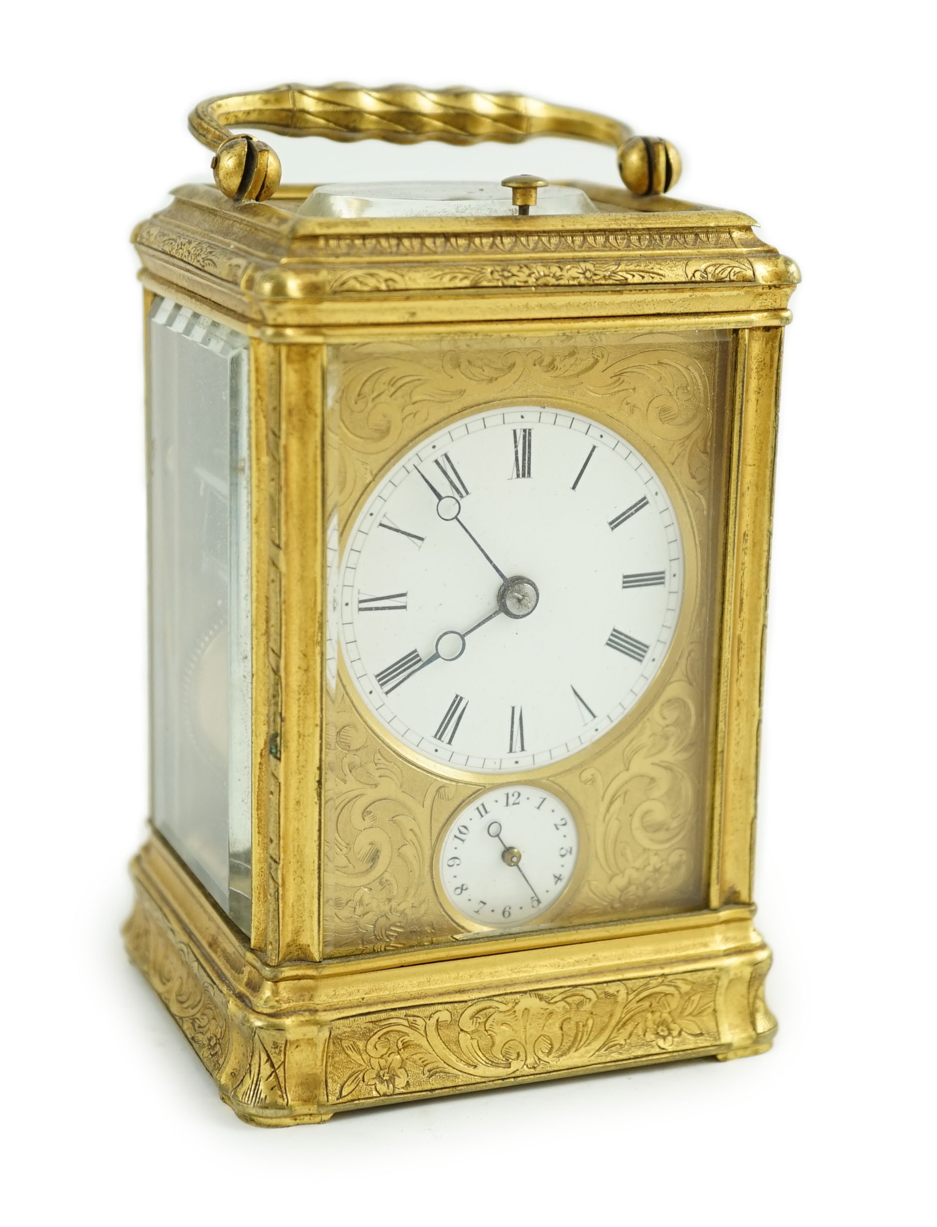 A late 19th century French engraved gilt brass gorge-cased repeating carriage clock with alarm, width 7.5cm depth 6.5cm height 11.5cm